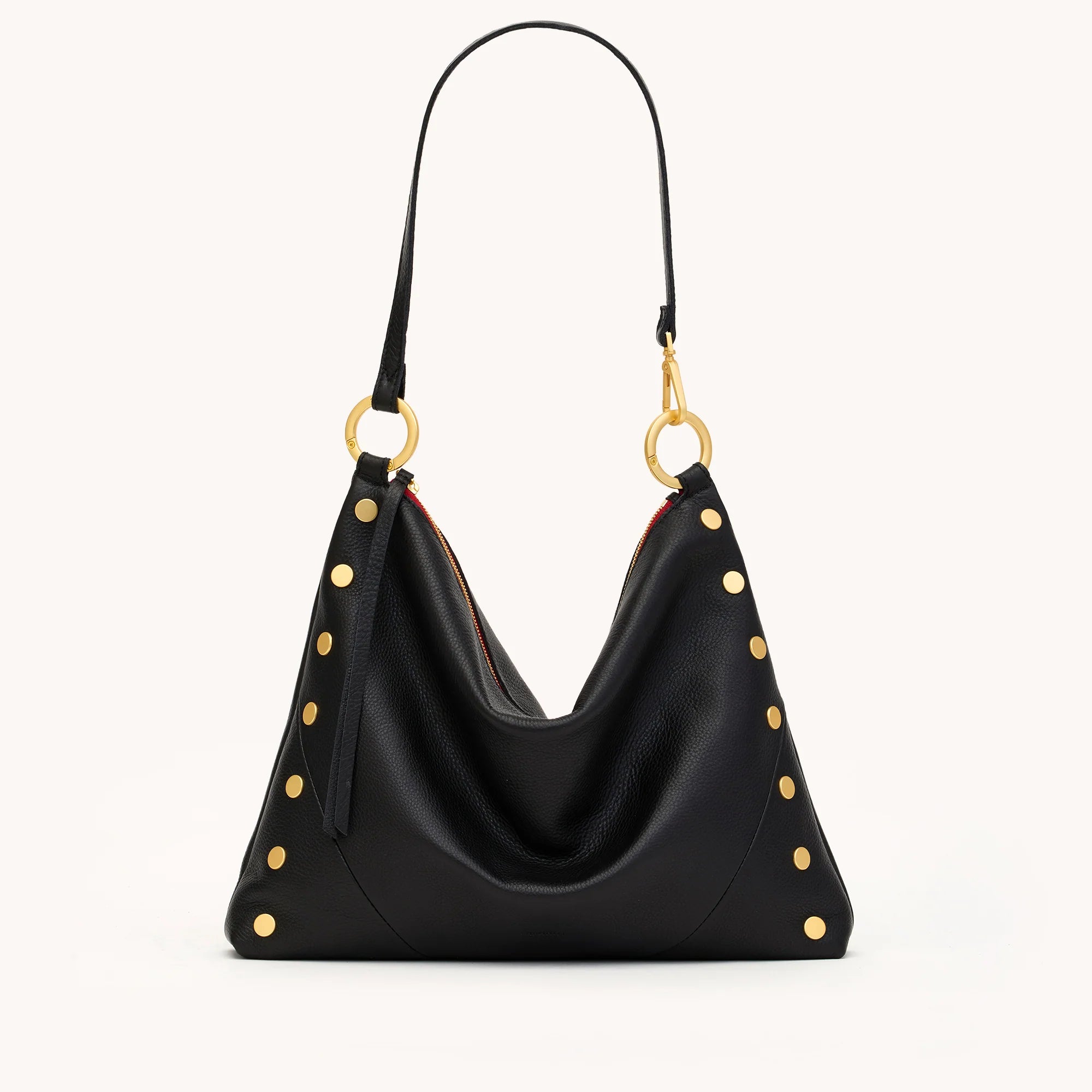 HAMMITT Kyle Lrg Leather Shoulder Handbag Black/Brushed Gold Red Zip