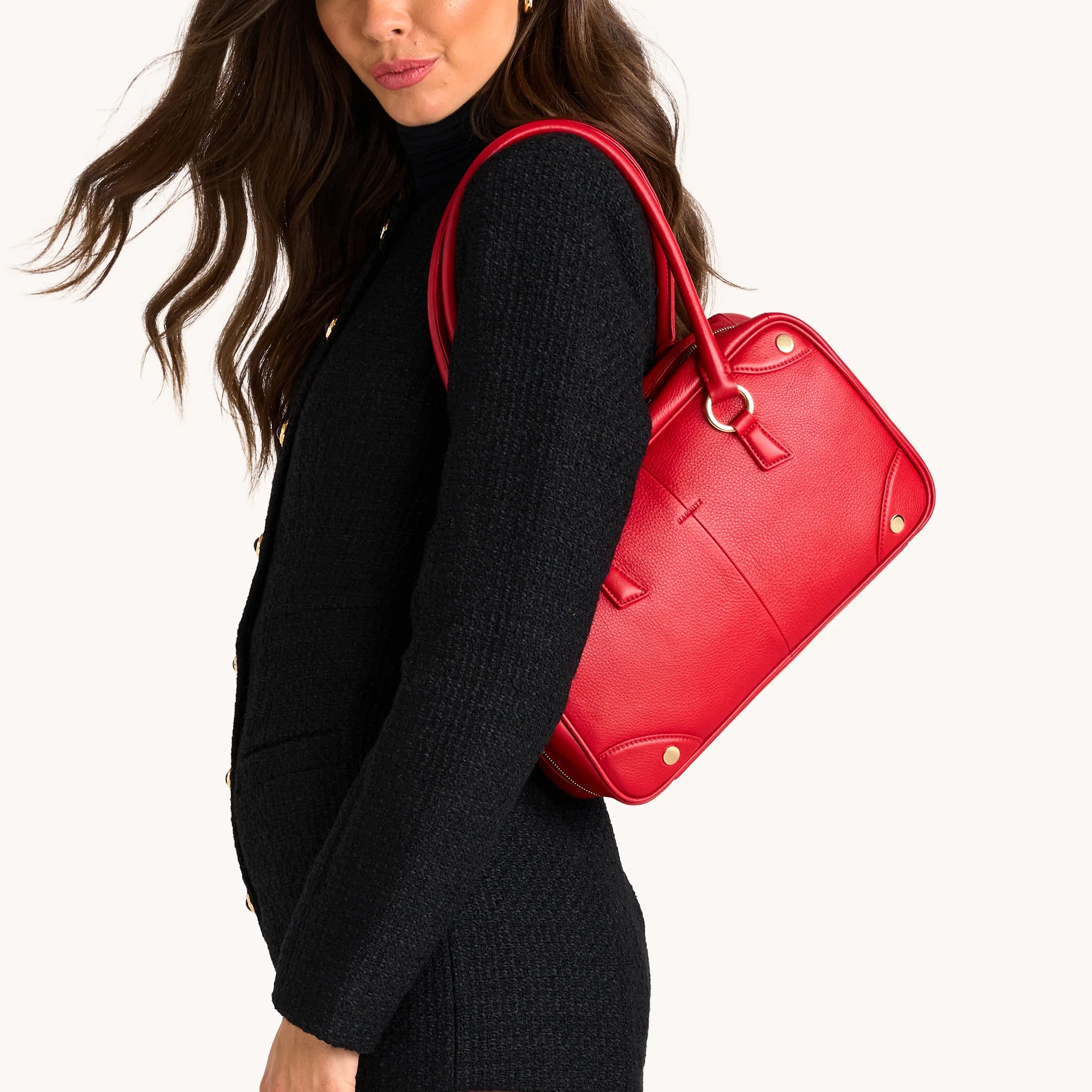 Meredith Med Leather Satchel Chili Red/Gold