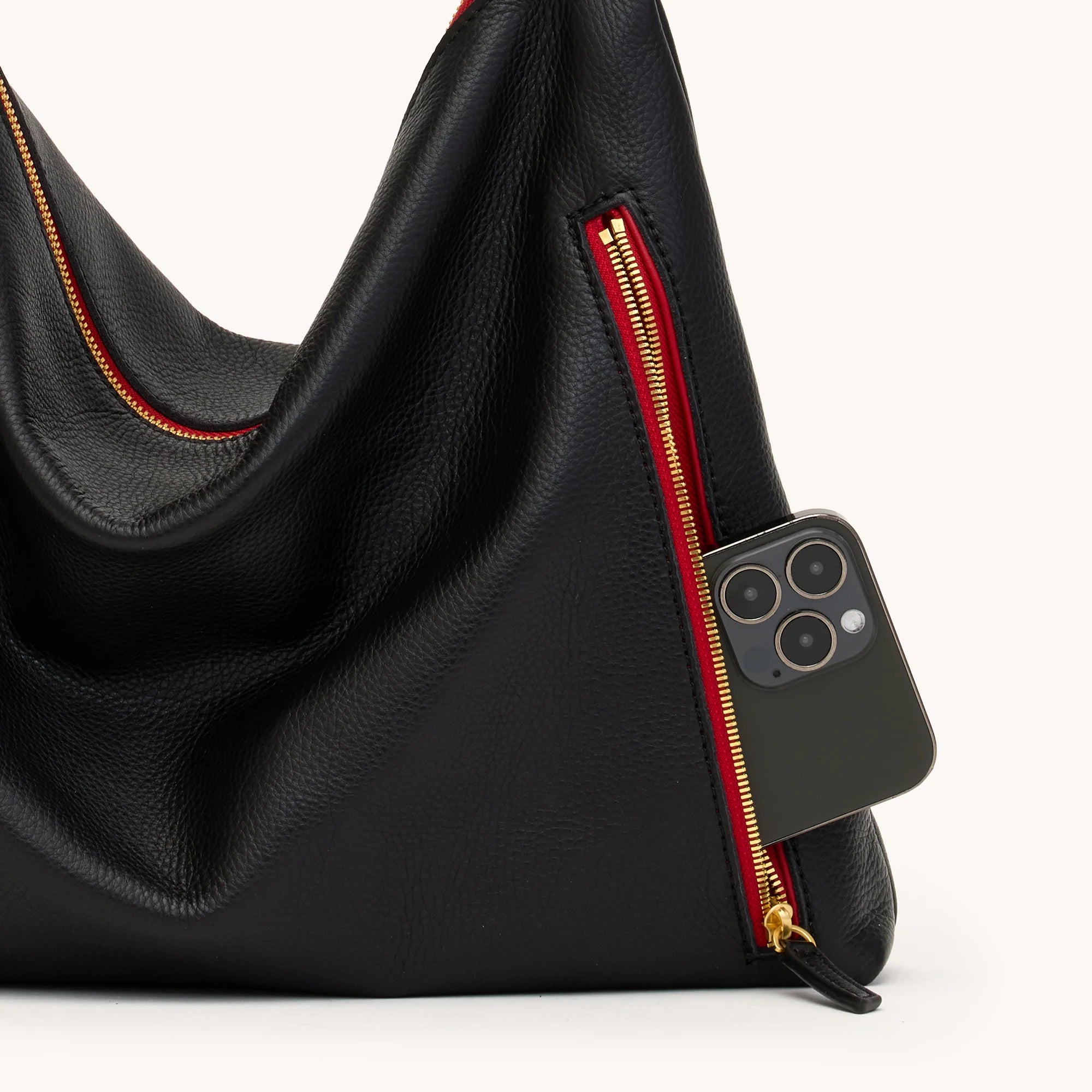 HAMMITT Kyle Lrg Leather Shoulder Handbag Black/Brushed Gold Red Zip