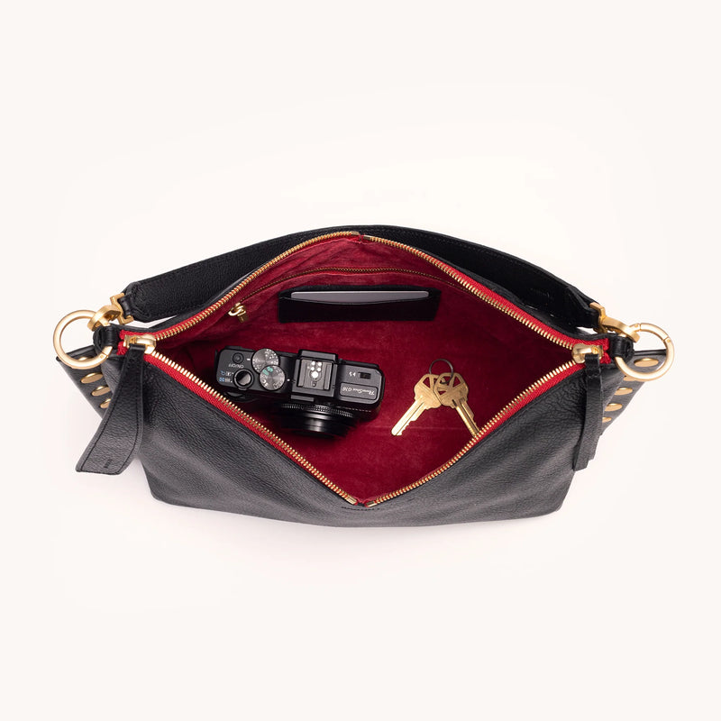 Hammitt Mr. G Med Leather Shoulder Bag Black/Brushed Gold Red Zip-Rebel Romance