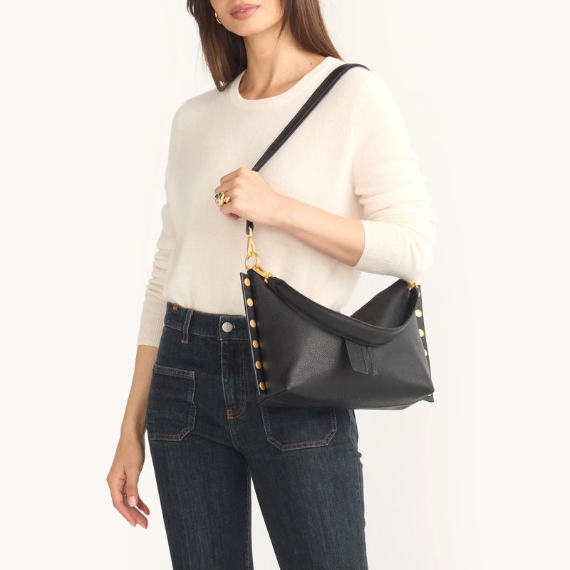 Hammitt Mr. G Med Leather Shoulder Bag Black/Brushed Gold Red Zip-Rebel Romance