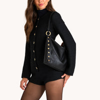 HAMMITT Kyle Lrg Leather Shoulder Handbag Black/Brushed Gold Red Zip