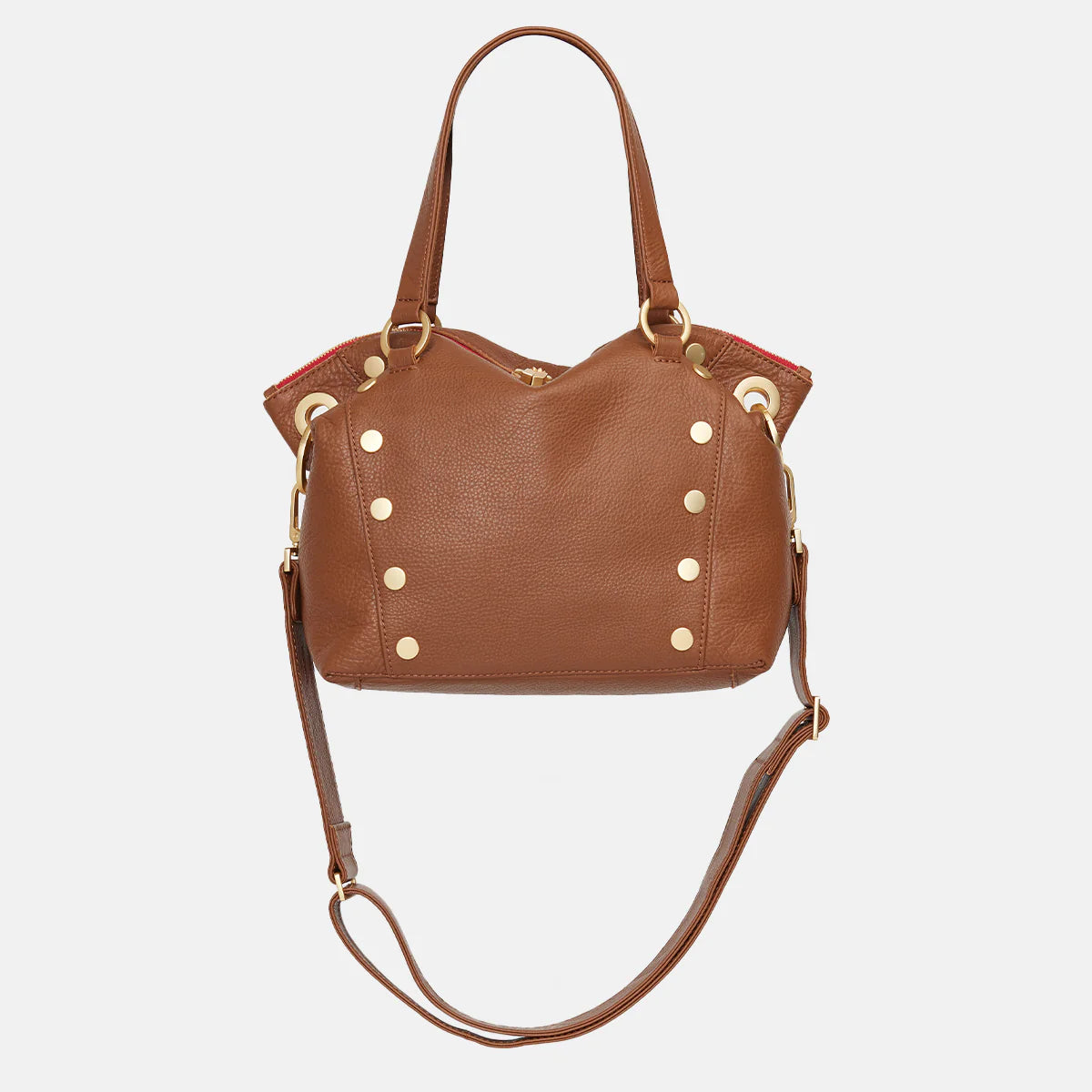 Daniel Med Leather Satchel Bag Mahogany Pebble/Brushed Gold Red Zip-Rebel Romance