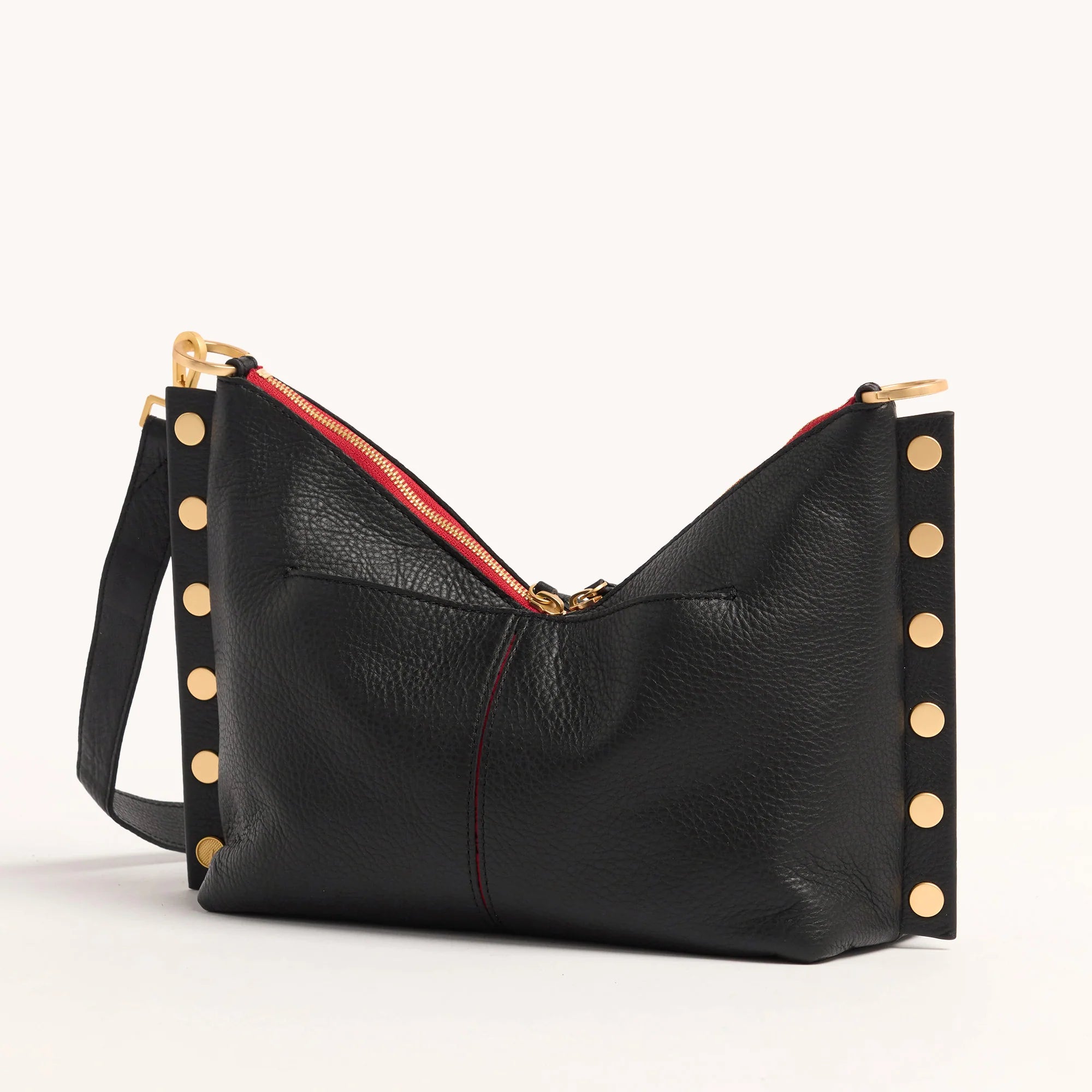 Hammitt Mr. G Med Leather Shoulder Bag Black/Brushed Gold Red Zip-Rebel Romance