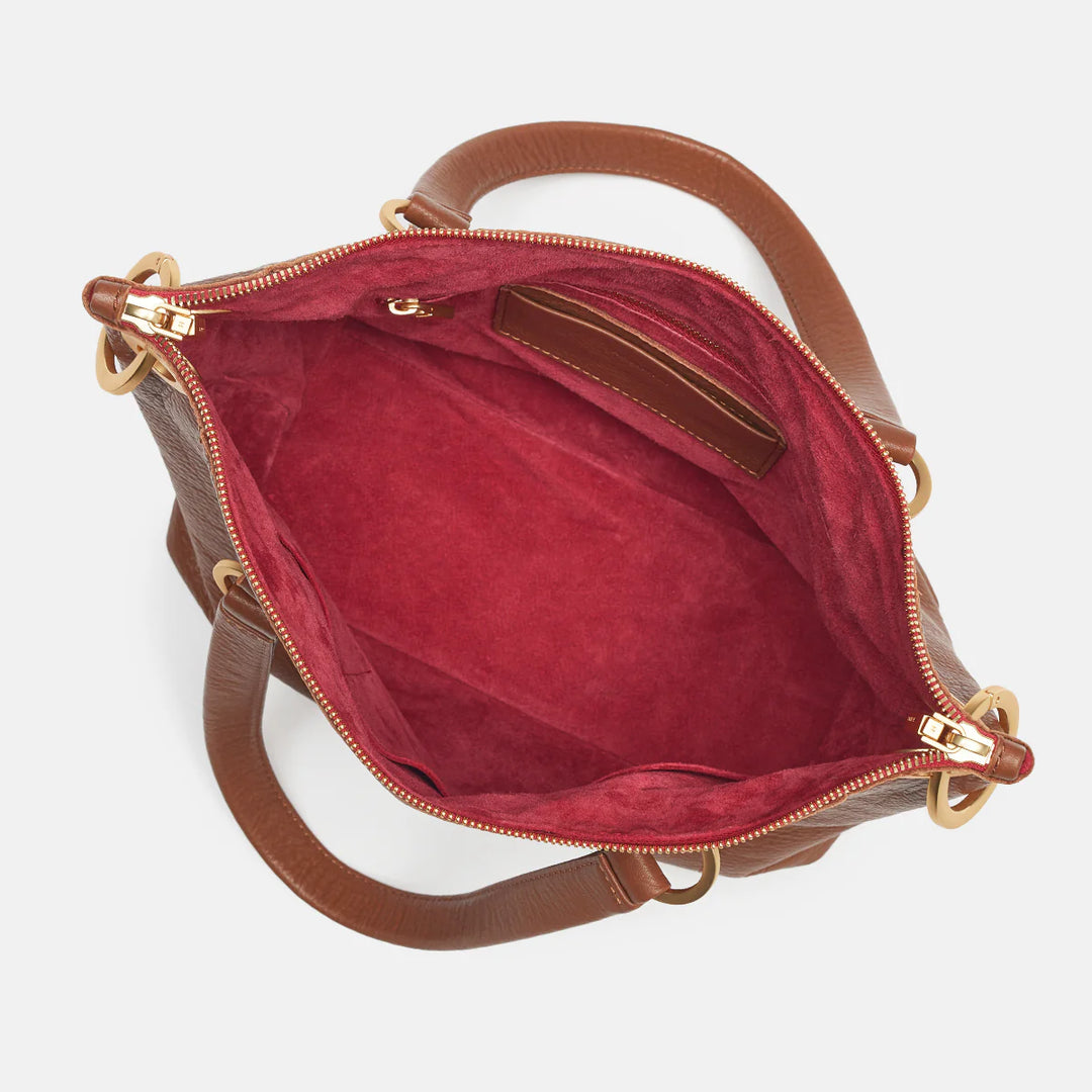 Daniel Med Leather Satchel Bag Mahogany Pebble/Brushed Gold Red Zip