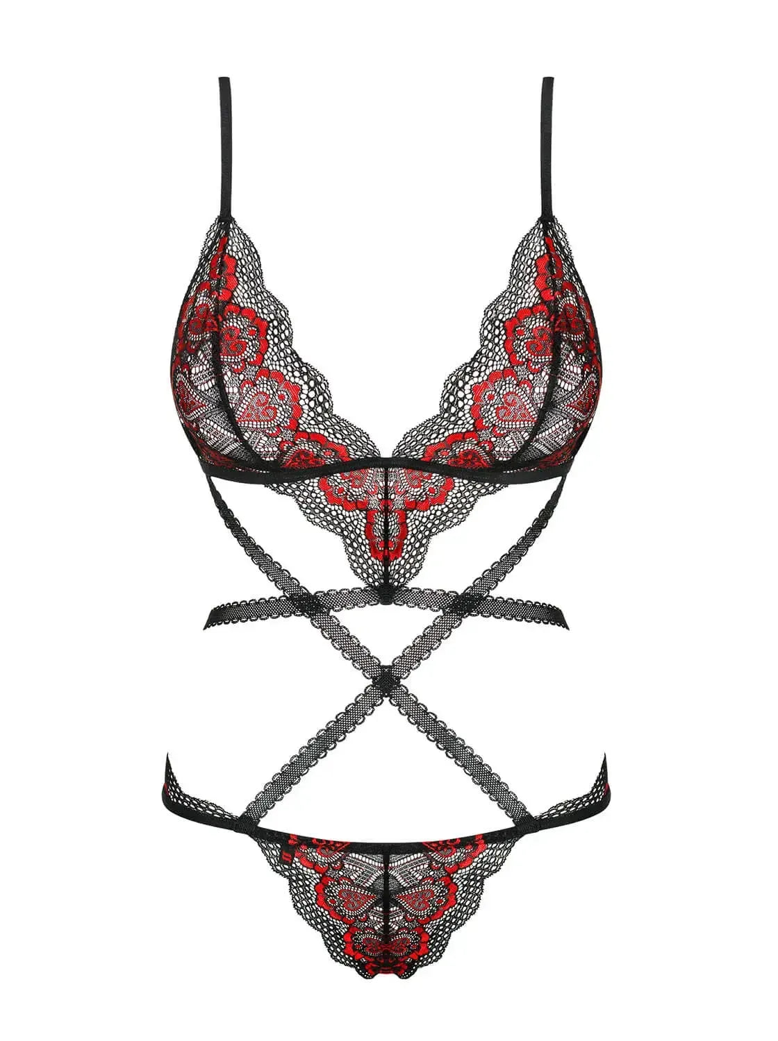 Seductive Megies Heart Lace Teddy in black and red, featuring a unique bra shape, geometric straps, and an uncovered back.