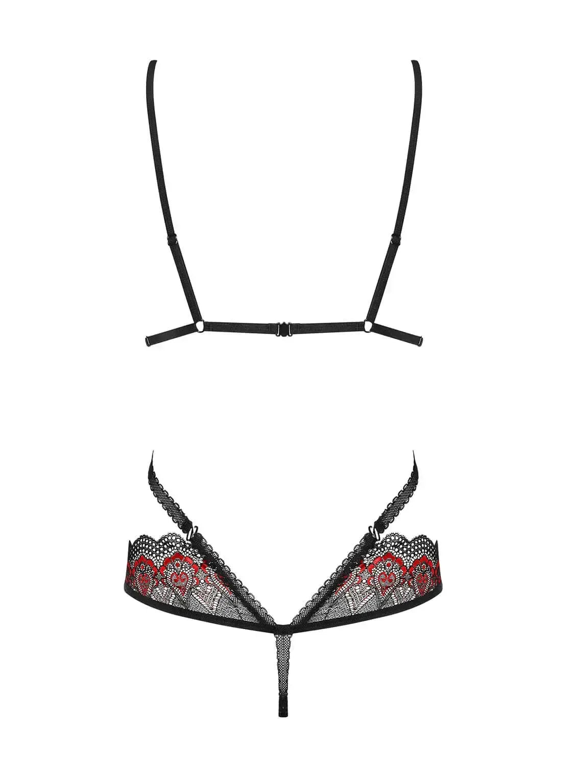Seductive black lace teddy with red heart lace, geometric straps, and triangle bra cups.