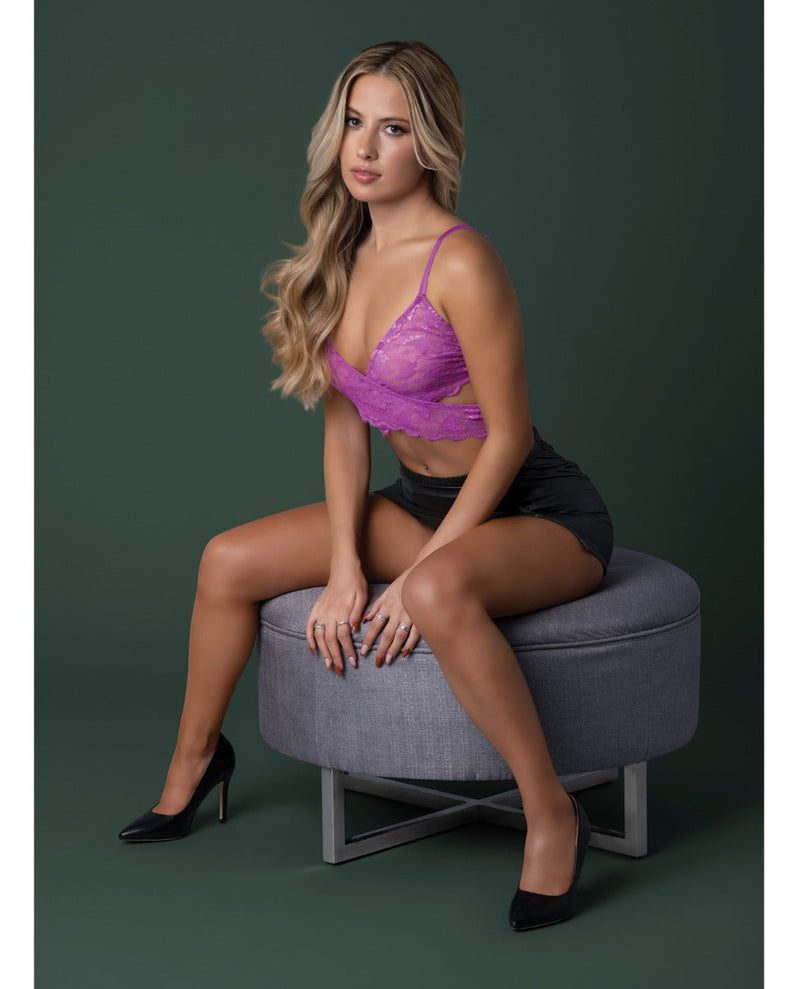 Magic Silk Butterfly Fantasies Cross Over Bralette Garter Bra Set Neon Purple