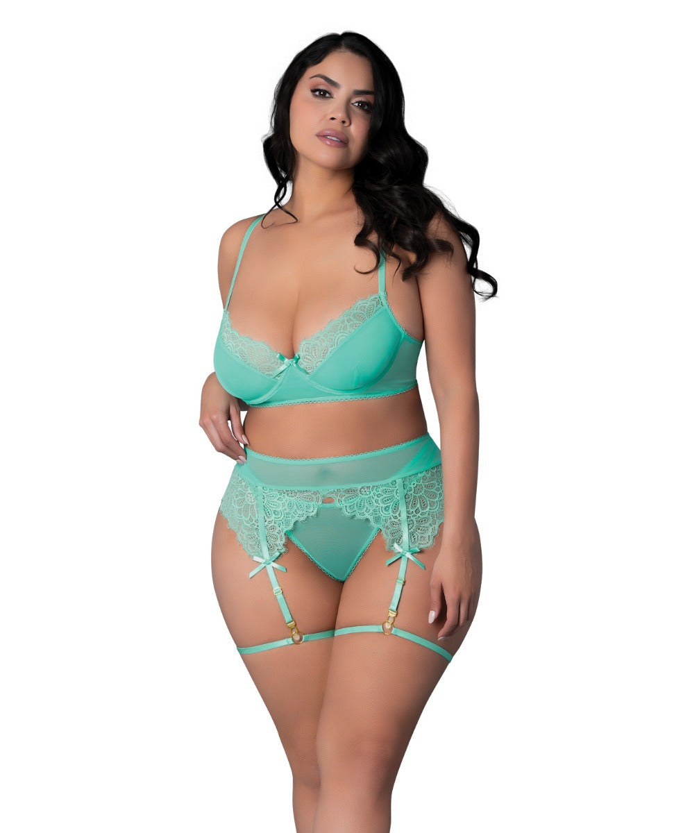 Magic Silk Queen Caribbean Crush Demi Bra Set w/ Garter Belt Aqua Blue