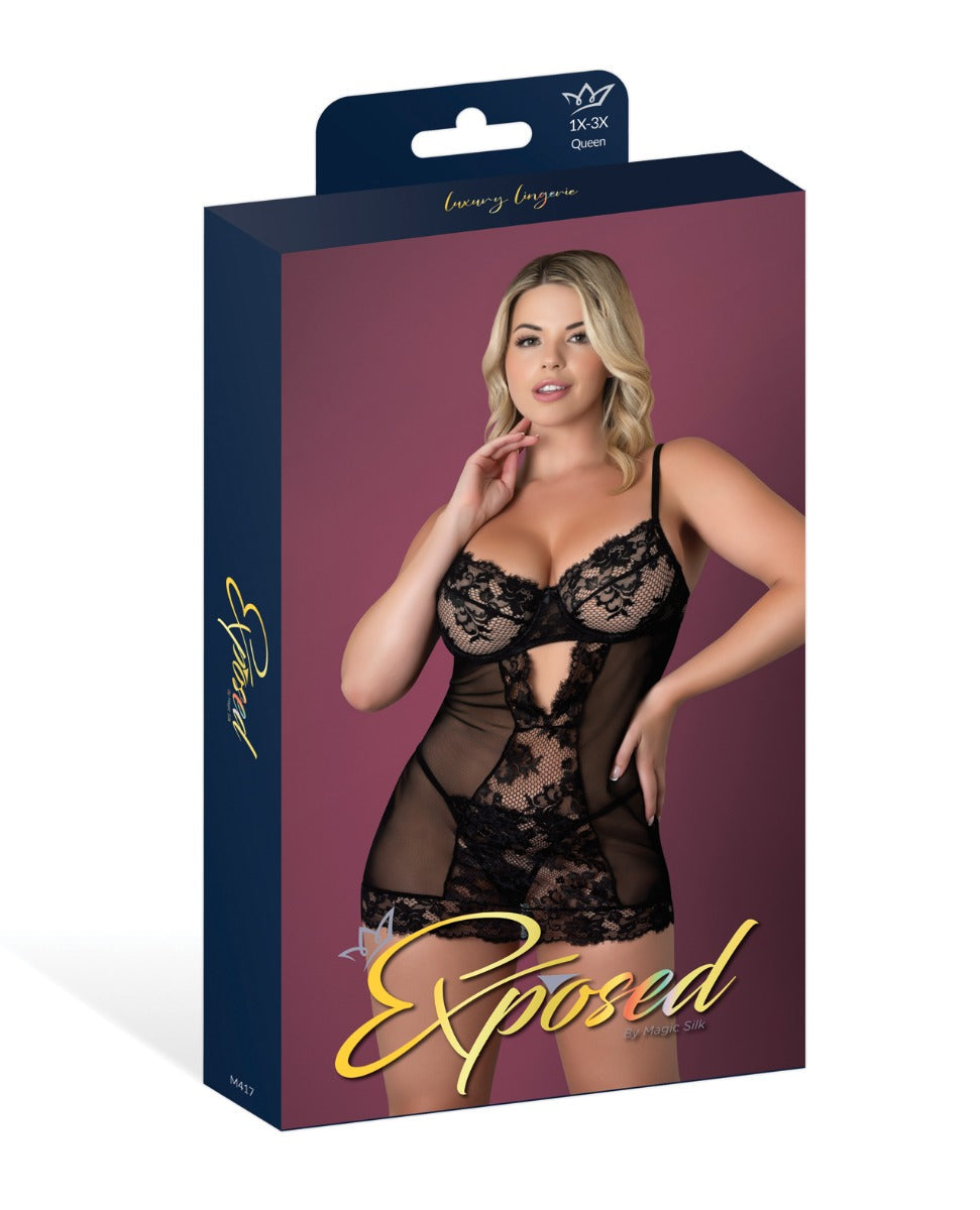 Exposed Queen Black Cherry Demi Cup Chemise & Thong Set - Black