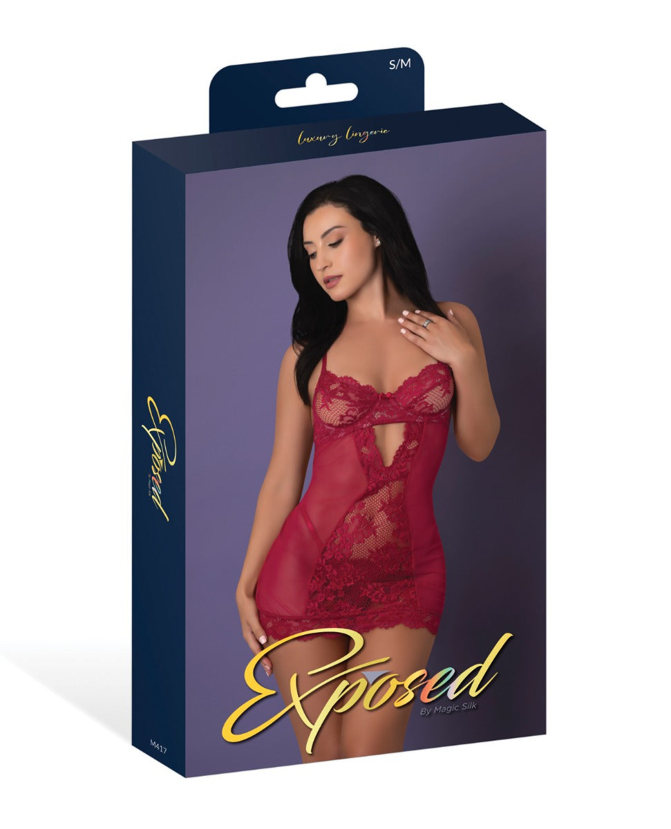 Exposed Black Cherry Demi Cup Chemise & Thong Set - Red