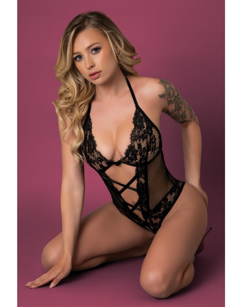Exposed Black Cherry Halter Teddy - Black