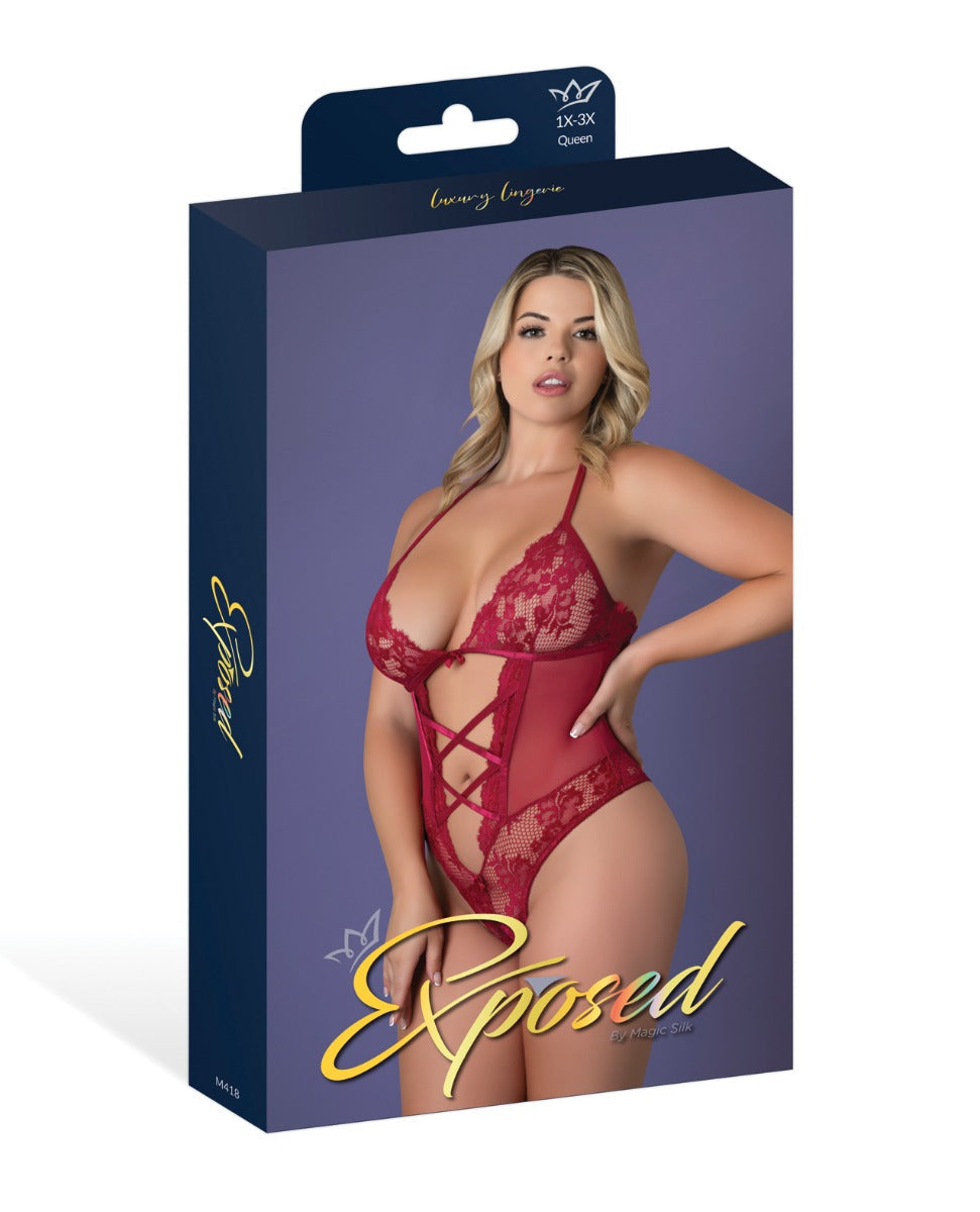 Exposed Queen Black Cherry Halter Teddy - Red