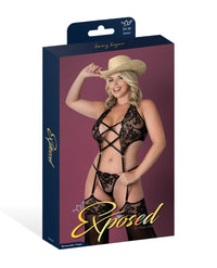 Exposed Queen Black Cherry Plunge Top w/Removable Chaps & Cheeky Panty Set