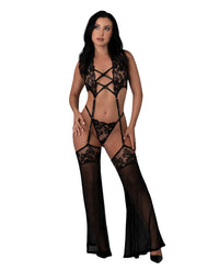 Exposed Black Cherry Plunge Top w/Removable Chaps & Cheeky Panty Set - Black