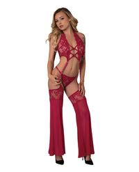 Exposed Black Cherry Plunge Top w/Removable Chaps & Cheeky Panty Set - Red