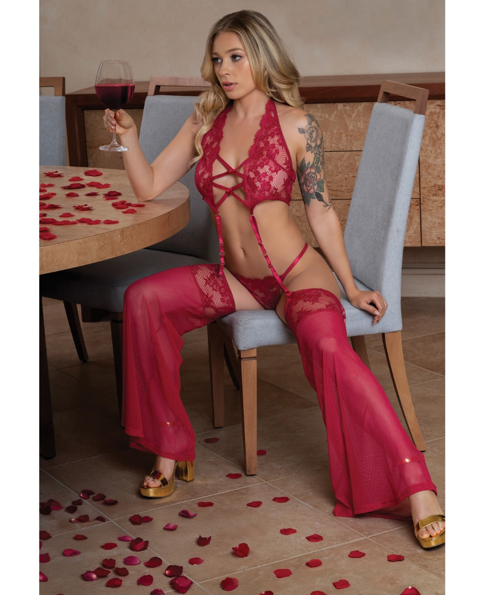 Exposed Black Cherry Plunge Top w/Removable Chaps & Cheeky Panty Set - Red