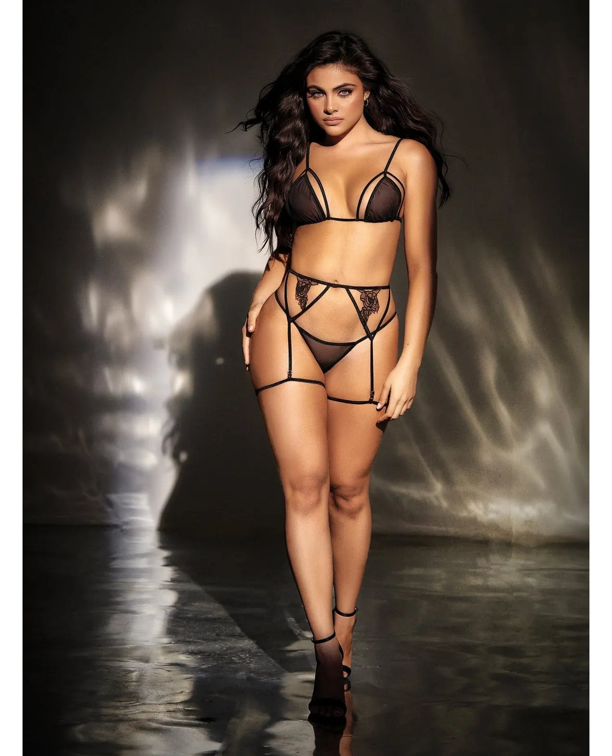 Mapale Mesh Triangle Bra Set w/Adjustable Coverage, Garter Belt & Thong Black-Rebel Romance
