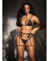 Mapale Mesh Triangle Bra Set w/Adjustable Coverage, Garter Belt & Thong Black-Rebel Romance
