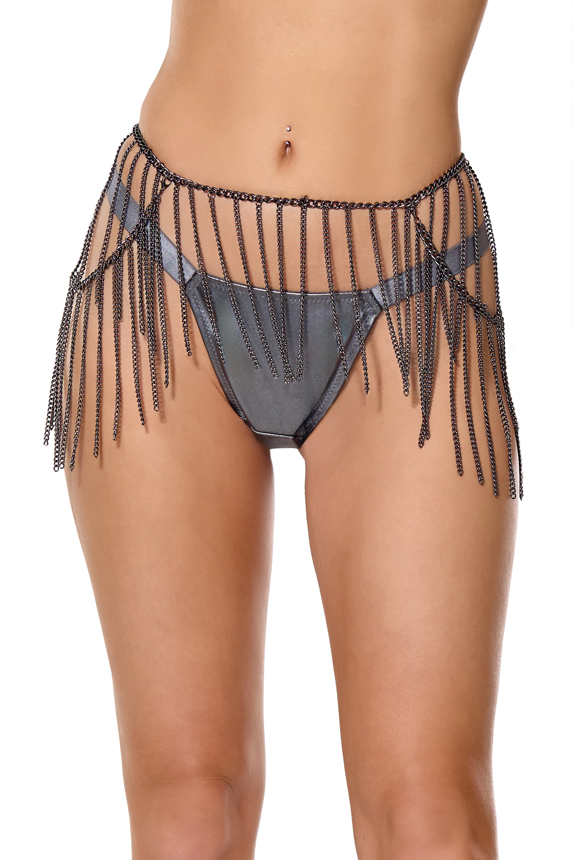 Coquette Metal Chain Fringe Garter Belt Gunmetal