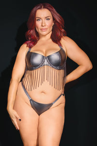 Coquette Metal Chain Fringe Underwire Balconette Bra Set Gunmetal