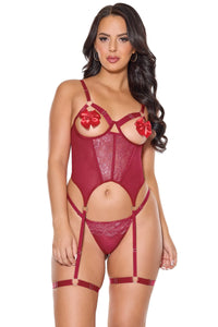 Coquette Holiday Metallic Scallop Lace Open Cups Bustier Red/Silver