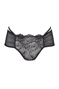 Black Axami Meteorite Lace Ouvert Bikini briefs with transparent tulle and voluptuous floral lace.