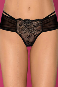 Black Axami Meteorite Lace Ouvert Bikini briefs with transparent tulle and voluptuous lace.