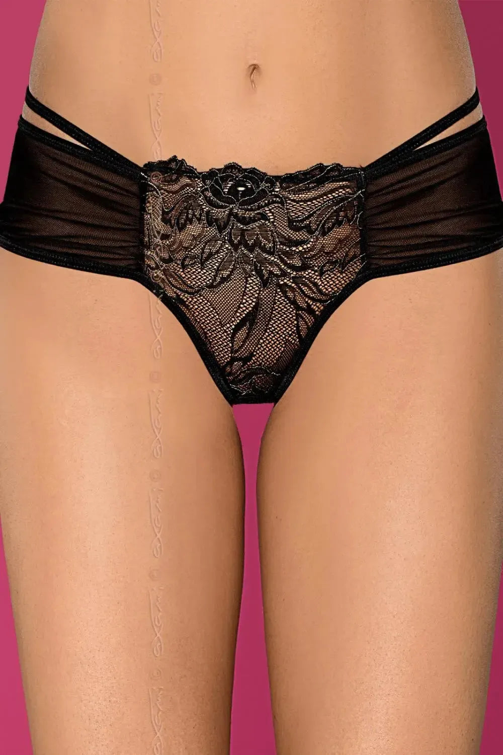 Black Axami Meteorite Lace Ouvert Bikini briefs with transparent tulle and voluptuous lace.