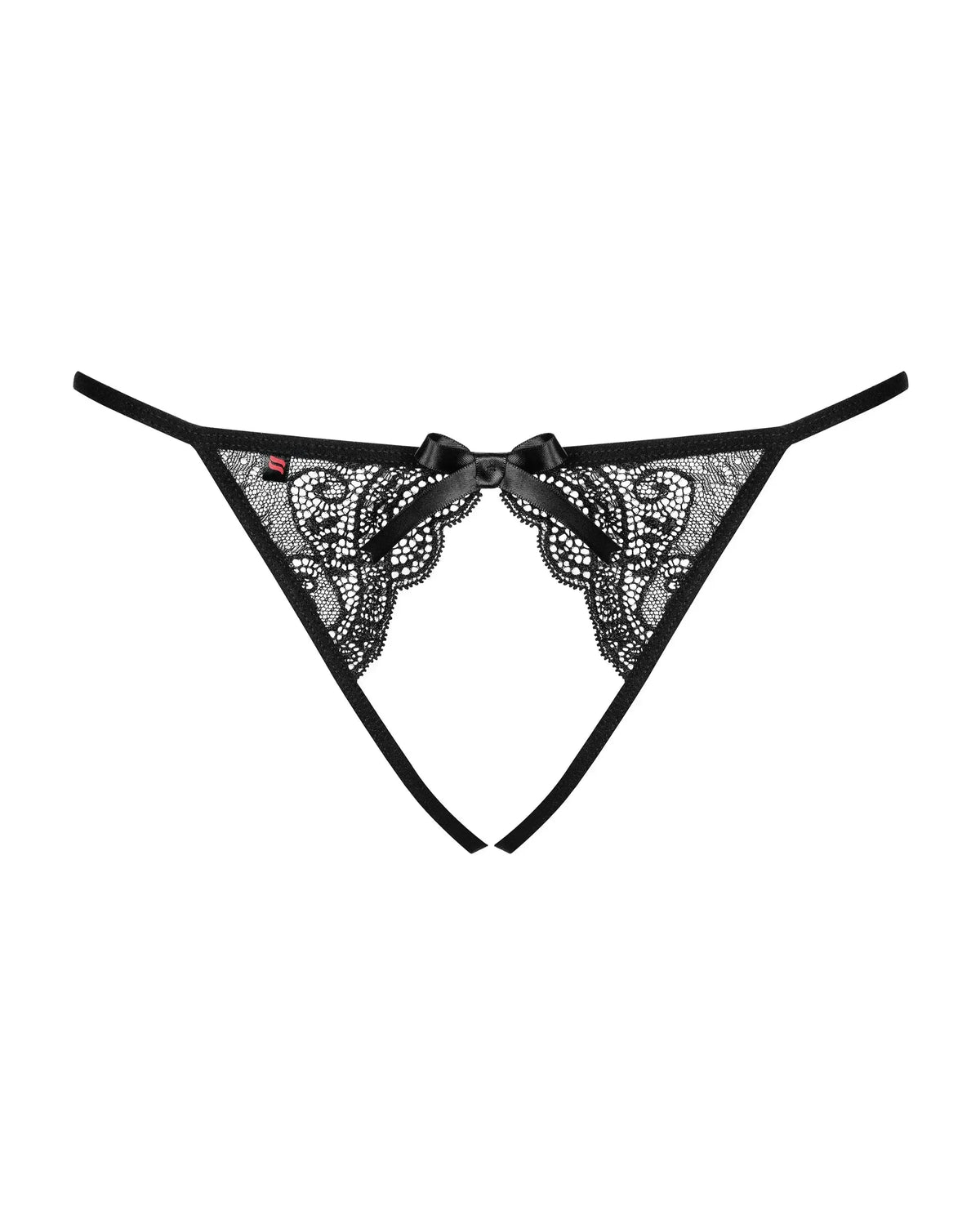 Spicy black Miamor crotchless lace panties with an open gusset and satin bow, perfect for naughty play.