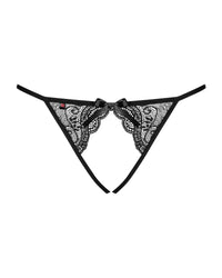Spicy black Miamor crotchless lace panties with an open gusset and satin bow, perfect for naughty play.