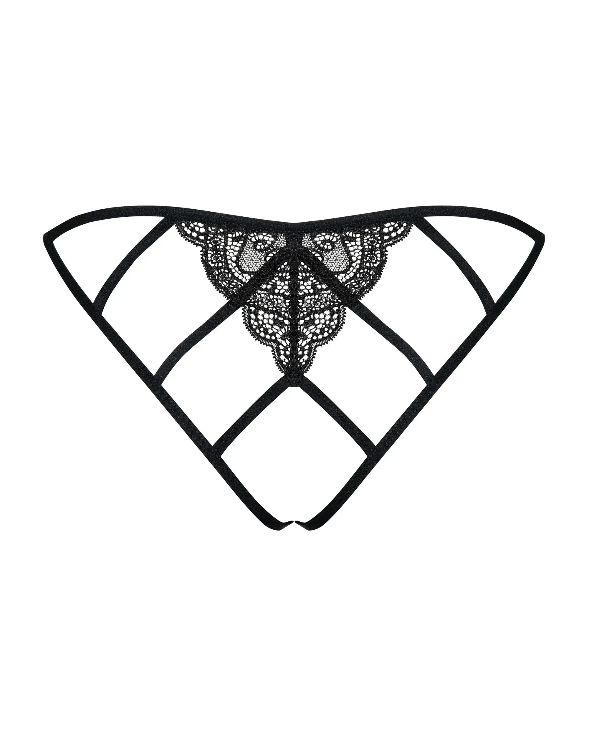 Black Miamor crotchless panties with delicate lace and seductive open gusset, perfect for naughty play.