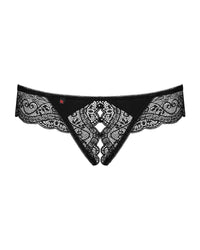 Miamor crotchless panty: black lace thong with shiny stones and tiny open gussets for spicy surprises.