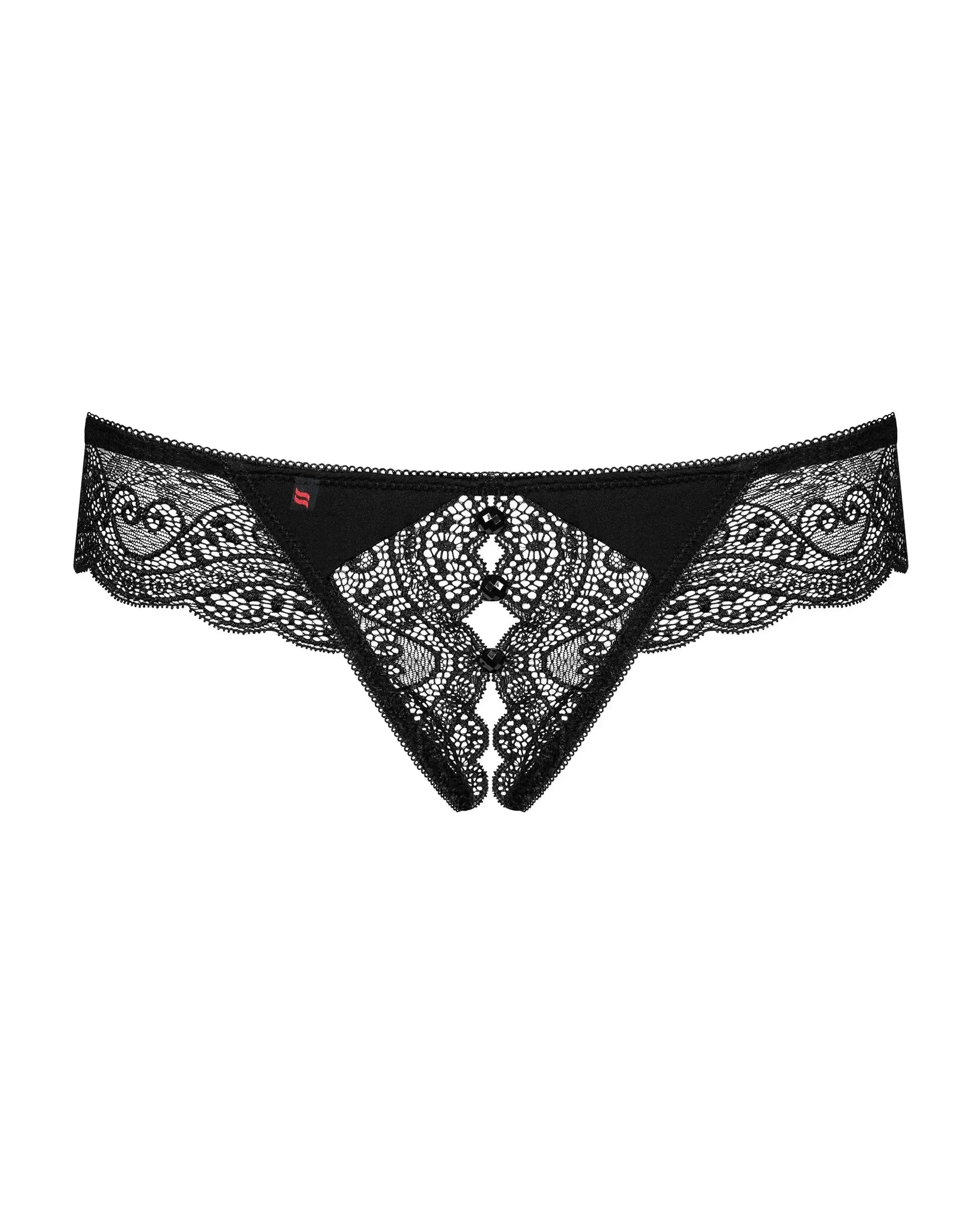 Miamor crotchless panty: black lace thong with shiny stones and tiny open gussets for spicy surprises.