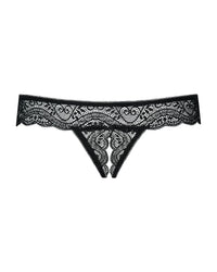 Spicy black lace Miamor crotchless panty with tiny open gussets and piquant open crotch.