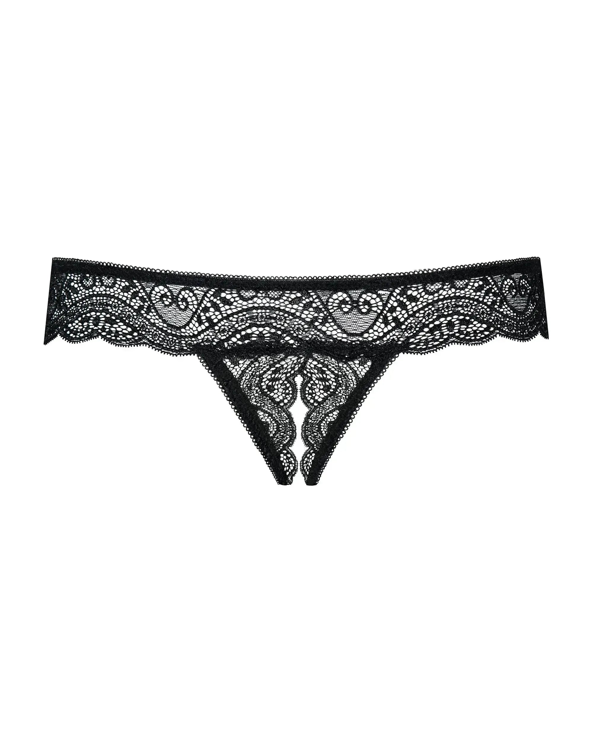 Spicy black lace Miamor crotchless panty with tiny open gussets and piquant open crotch.