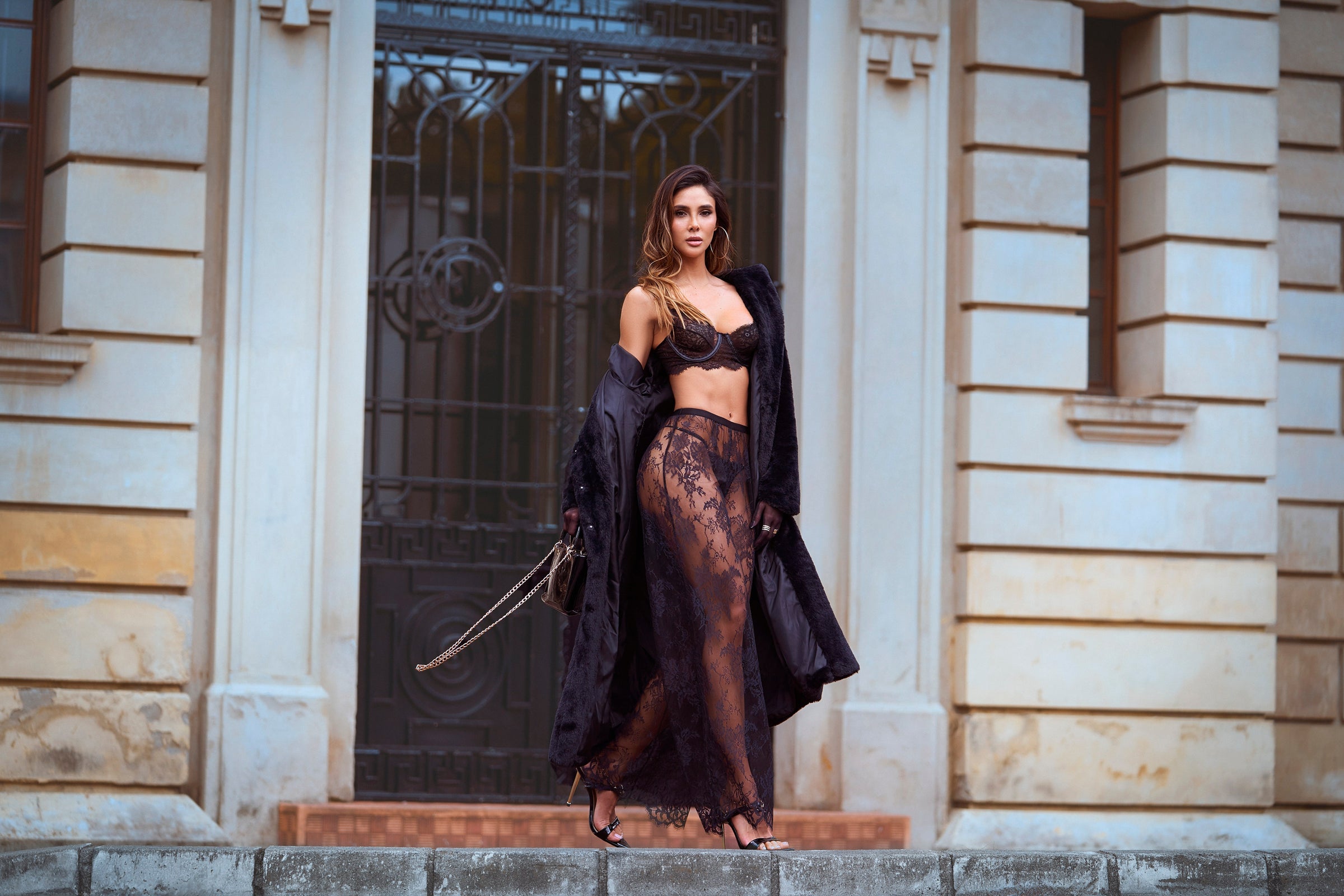 Midnight Sheer Lace Bra, Thong & Pant Three Piece Set Black - Mapale