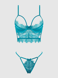 House of Desire Mila Eyelash Lace Strappy Longline Bra & Tanga Set