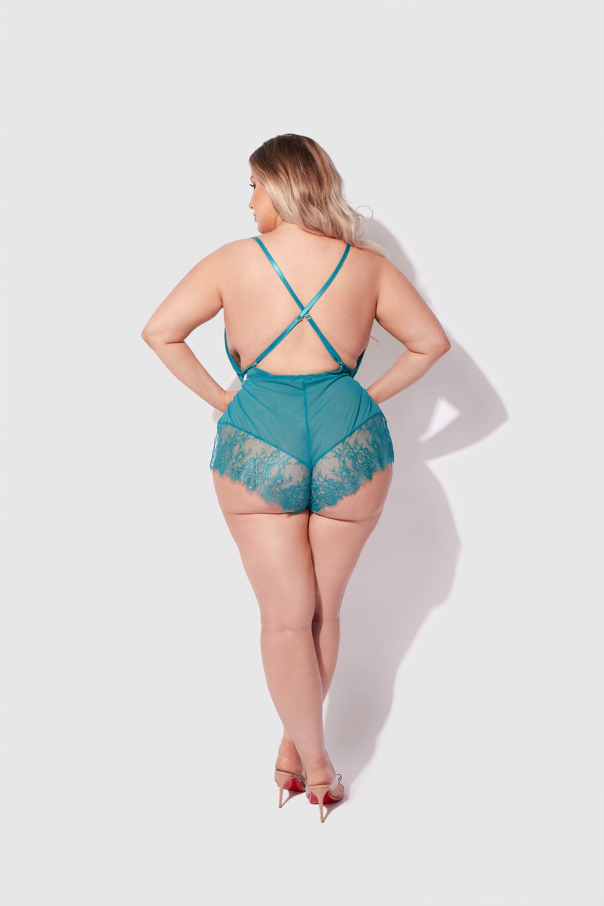 Mila Mesh & Eyelash Lace High Slit Romper Teddy