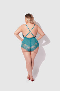 House of Desire Mila Mesh & Eyelash Lace High Slit Romper Teddy