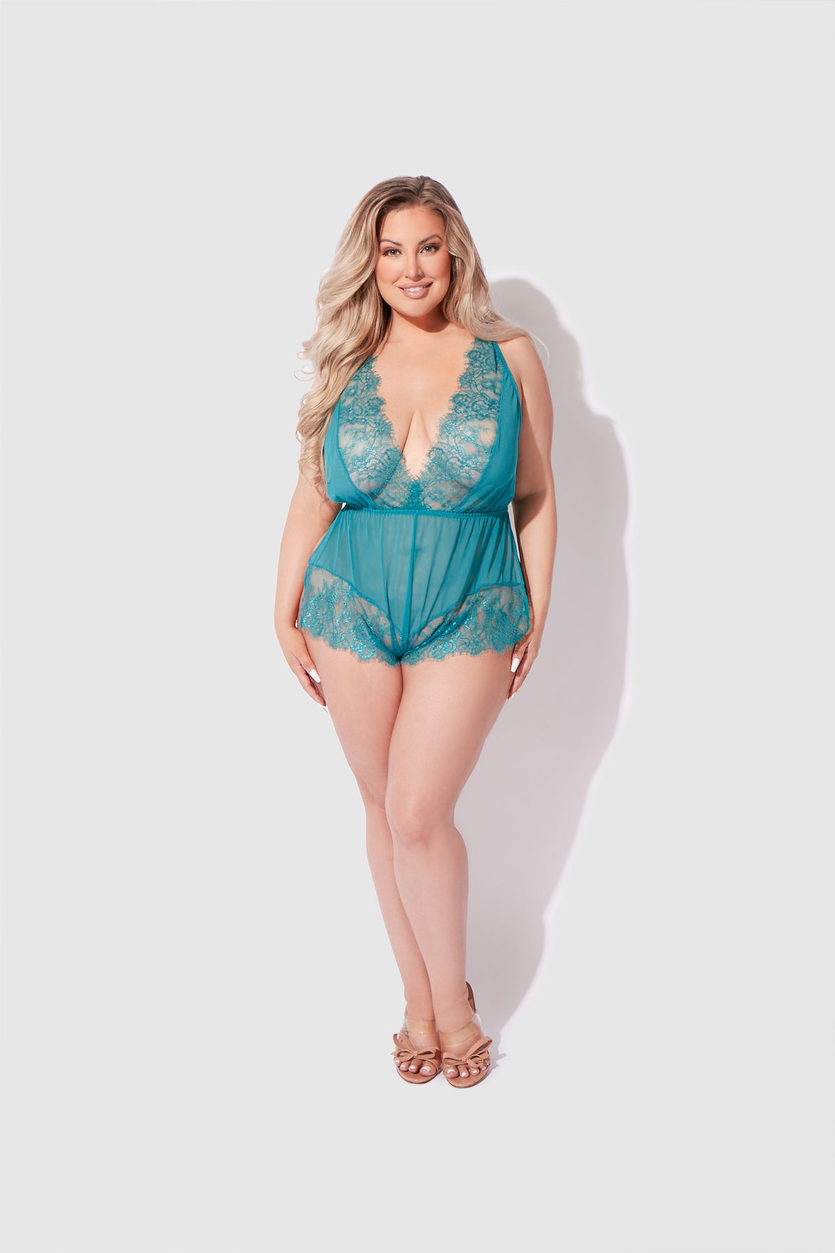 Mila Mesh & Eyelash Lace High Slit Romper Teddy