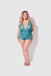 House of Desire Mila Mesh & Eyelash Lace High Slit Romper Teddy