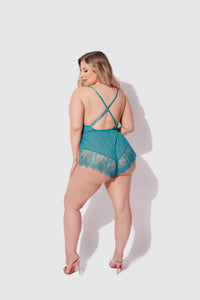 House of Desire Mila Mesh & Eyelash Lace High Slit Romper Teddy
