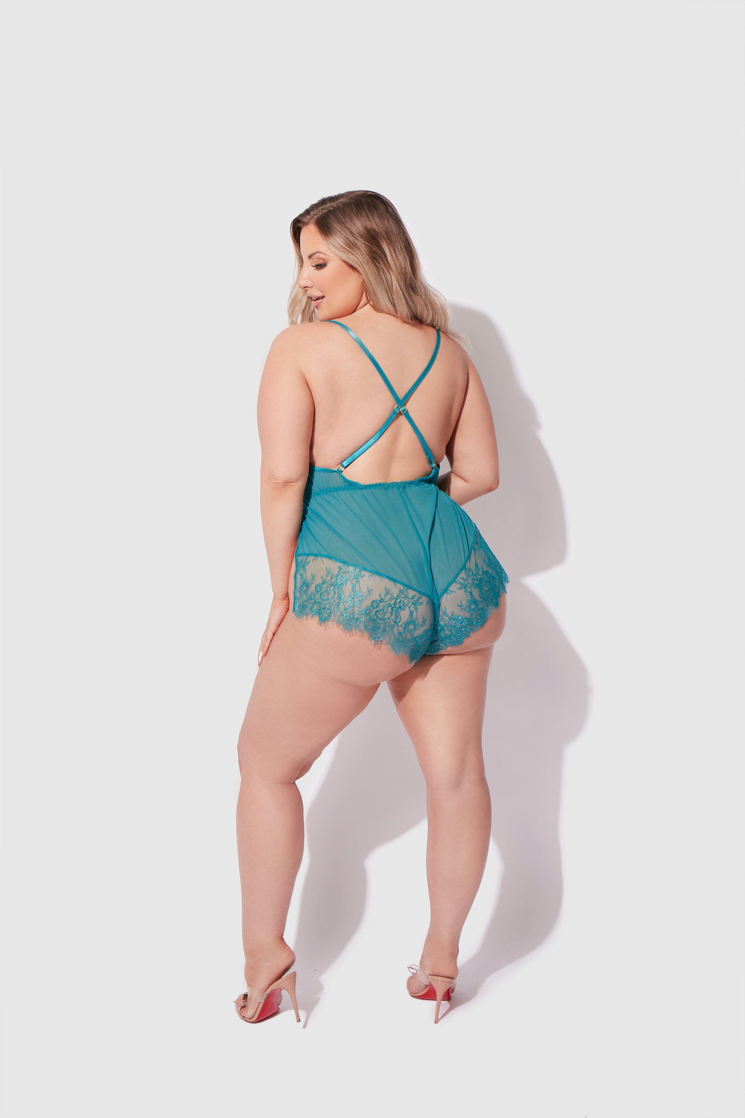 House of Desire Mila Mesh & Eyelash Lace High Slit Romper Teddy