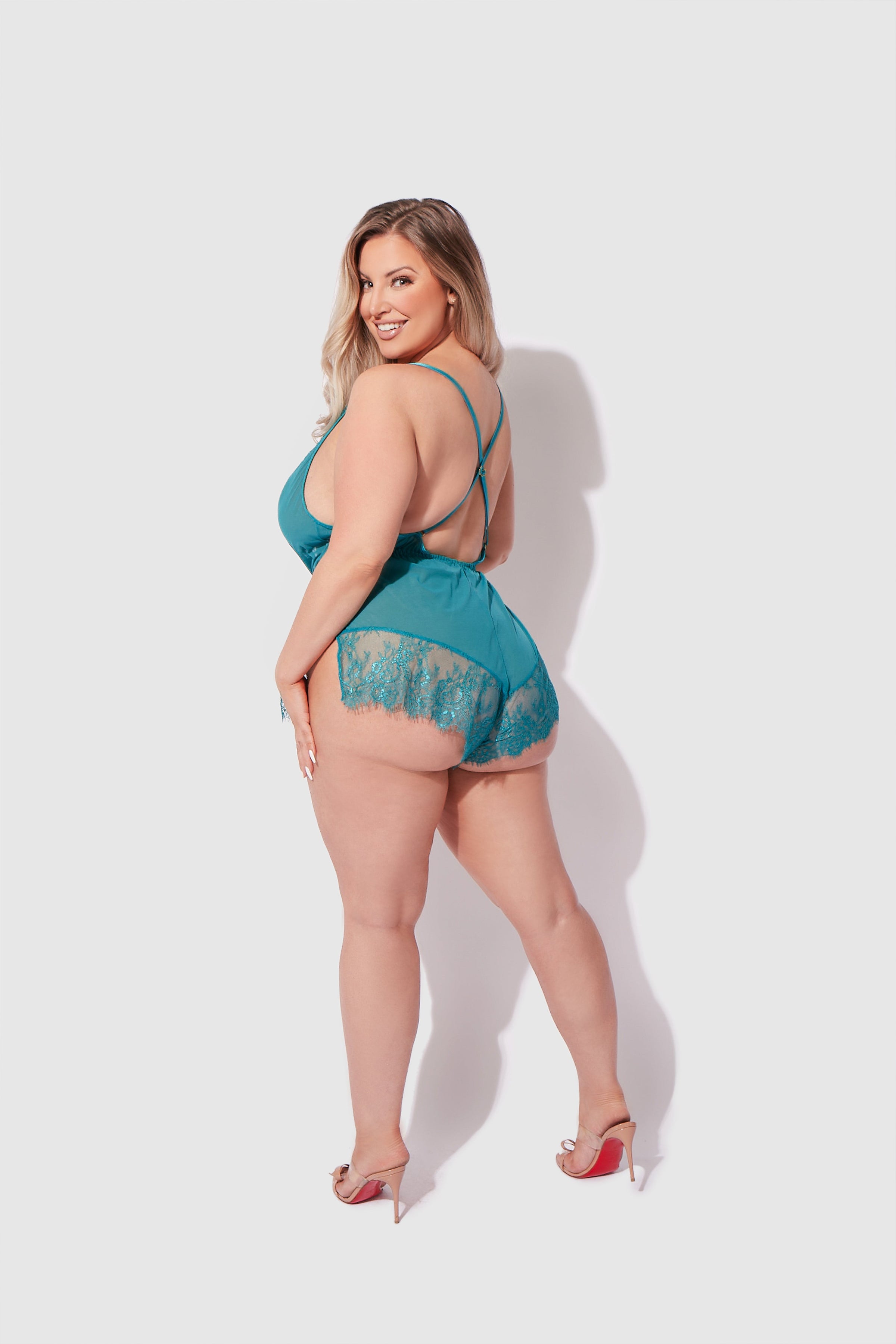 House of Desire Mila Mesh & Eyelash Lace High Slit Romper Teddy