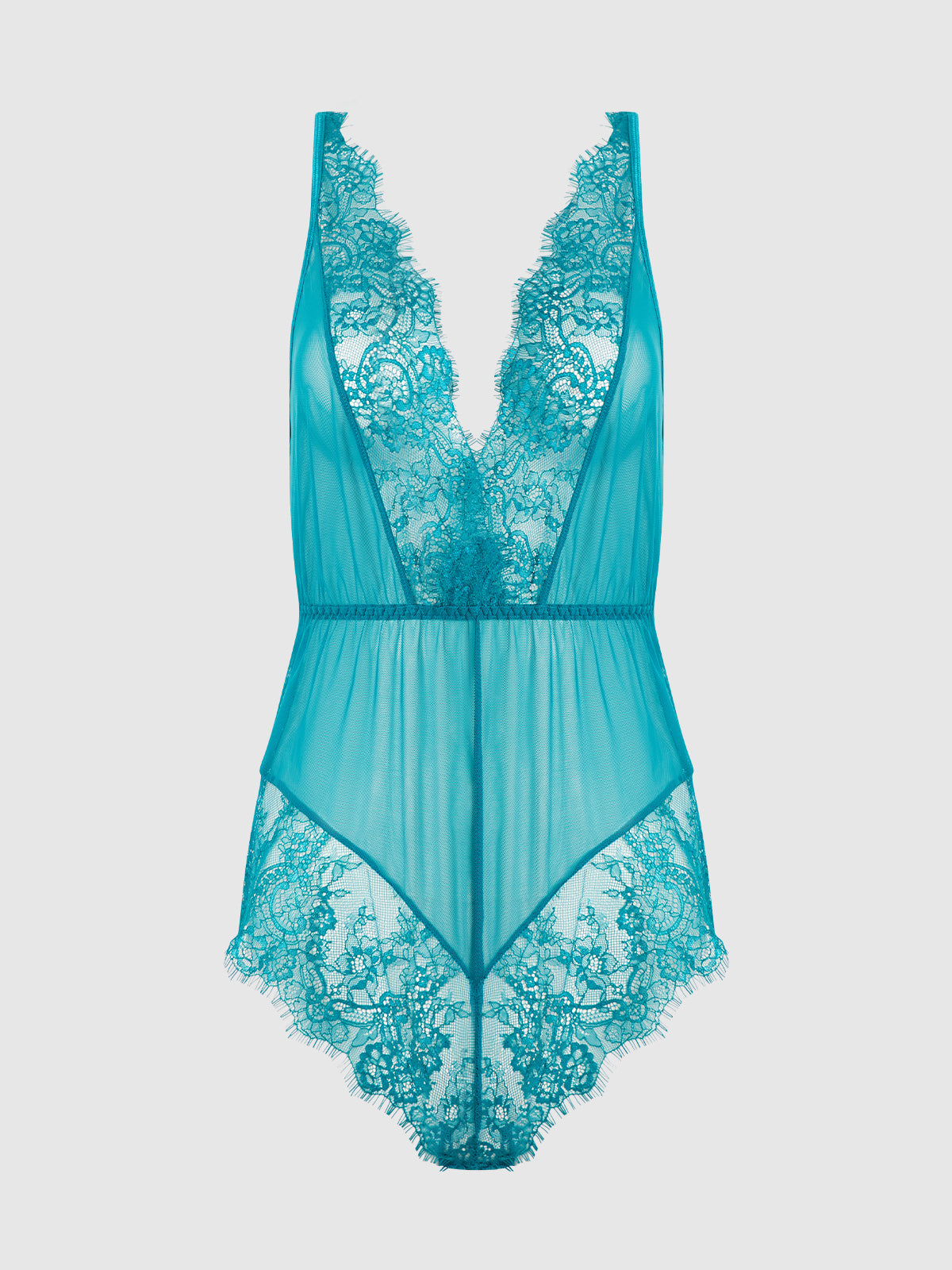 House of Desire Mila Mesh & Eyelash Lace High Slit Romper Teddy