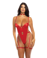 Oh la la Cheri Mila Stretch Satin Padded Cup Teddy w/Heart Ring Detail Red-Rebel Romance