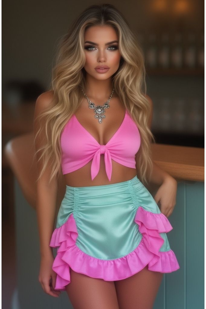 Mint/Pink Satin Ruched Bustle Skirt