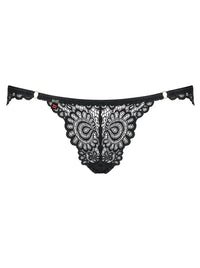 Mixty Cheekini Bikini: Black lace panties with charming design, decorative rings, and shiny jewels.