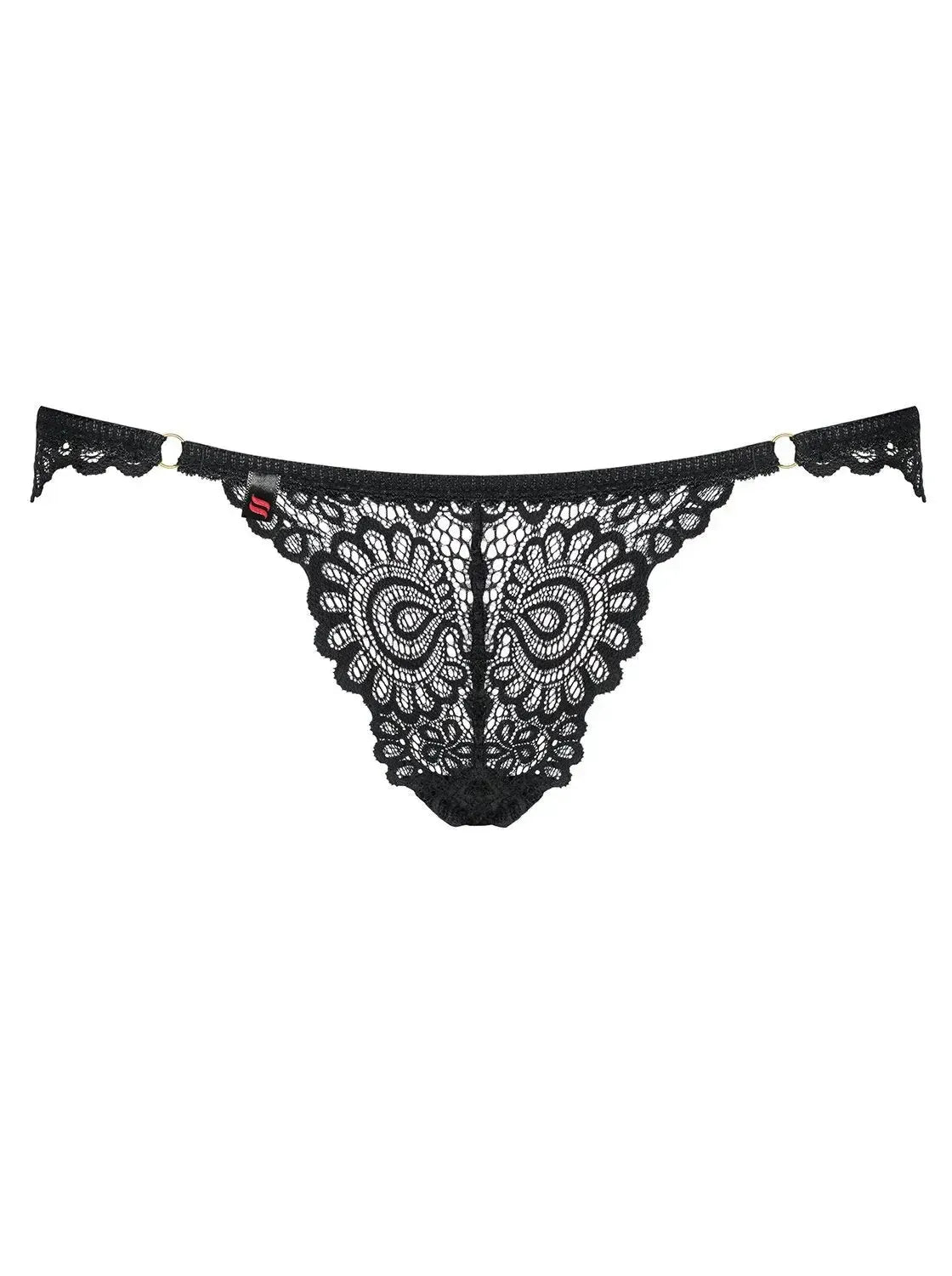 Mixty Cheekini Bikini: Black lace panties with charming design, decorative rings, and shiny jewels.